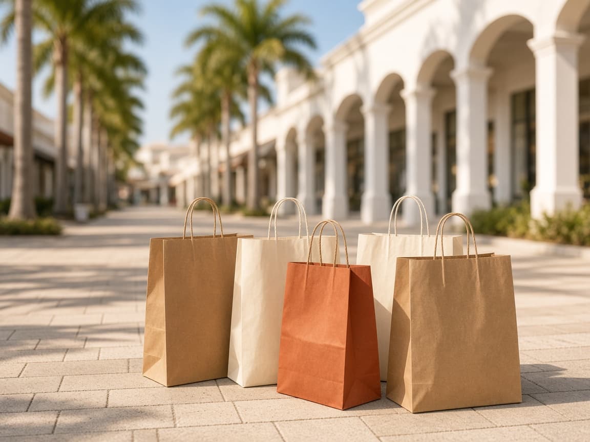 Sacolas de compras em uma calçada de outlet em Orlando, ao entardecer.